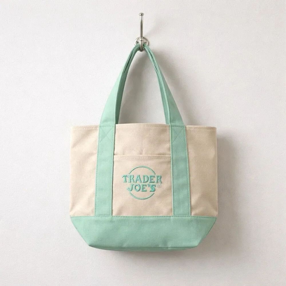 Trader Joe’s Limited Edition Mini Canvas Tote Green Embroidered Bag, New